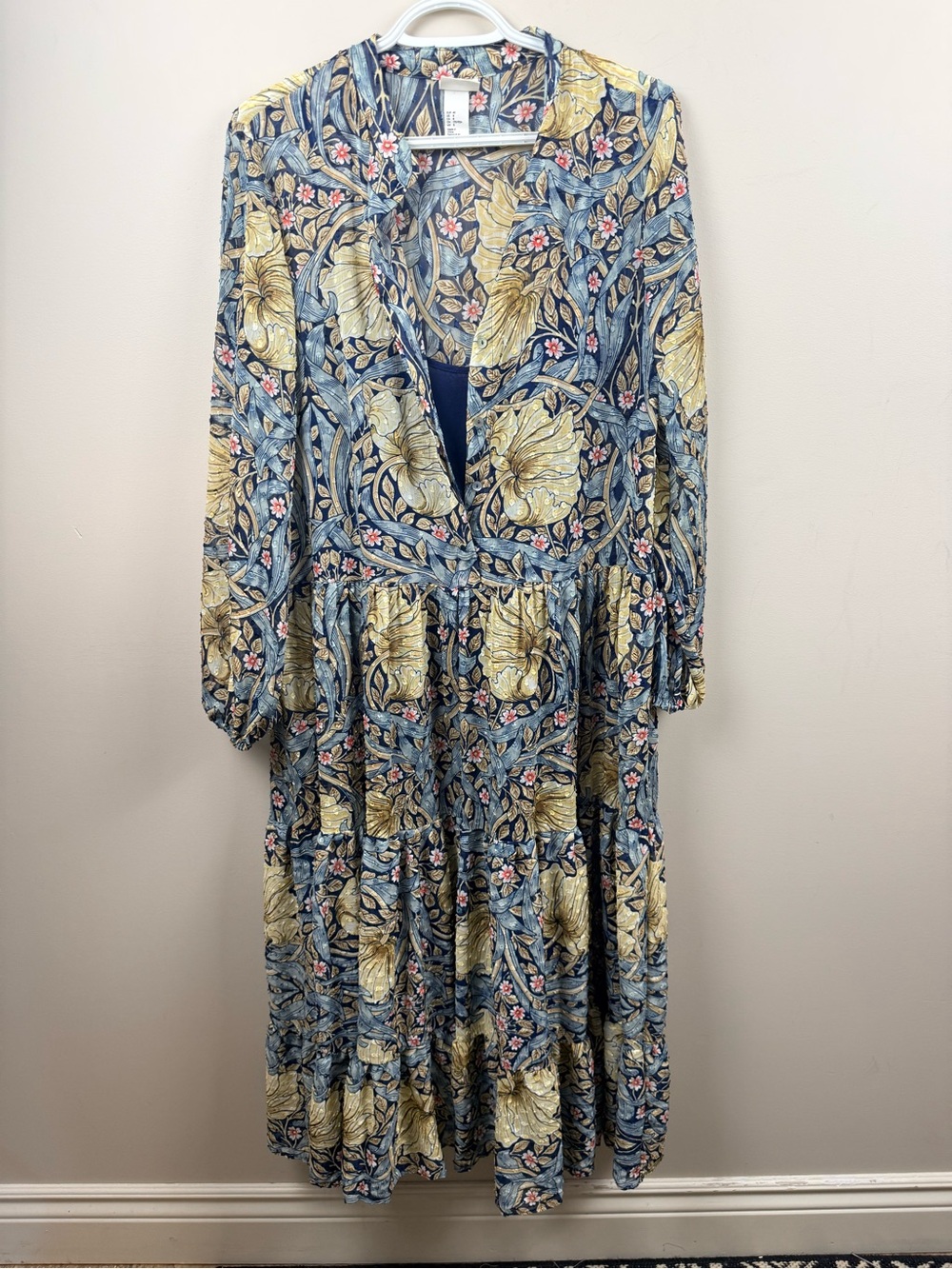 H&M x morris & co Blue Floral Long-Sleeve Tiered Maxi Dress with Yellow Accents - Picture 2 of 12